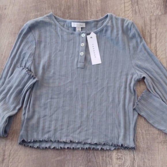 NWT TOP SHOP Blue Henley Long Sleeve Ribbed slight Crop Top Women's Size 10 - Picture 6 of 6